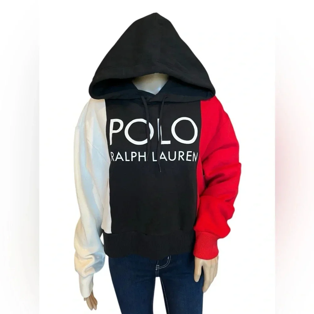 Polo Ralph Lauren Womens Color Block Logo Hoodie Black/ Multi Pullover Size M - Picture 2 of 14